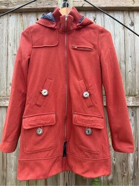 Tulle Rust Red Hooded Wool-Blend Hooded Lined Pea Coat Autumn Cottagecore Campus